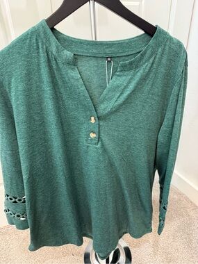 Women's Green Henley Sleeve Detail Top